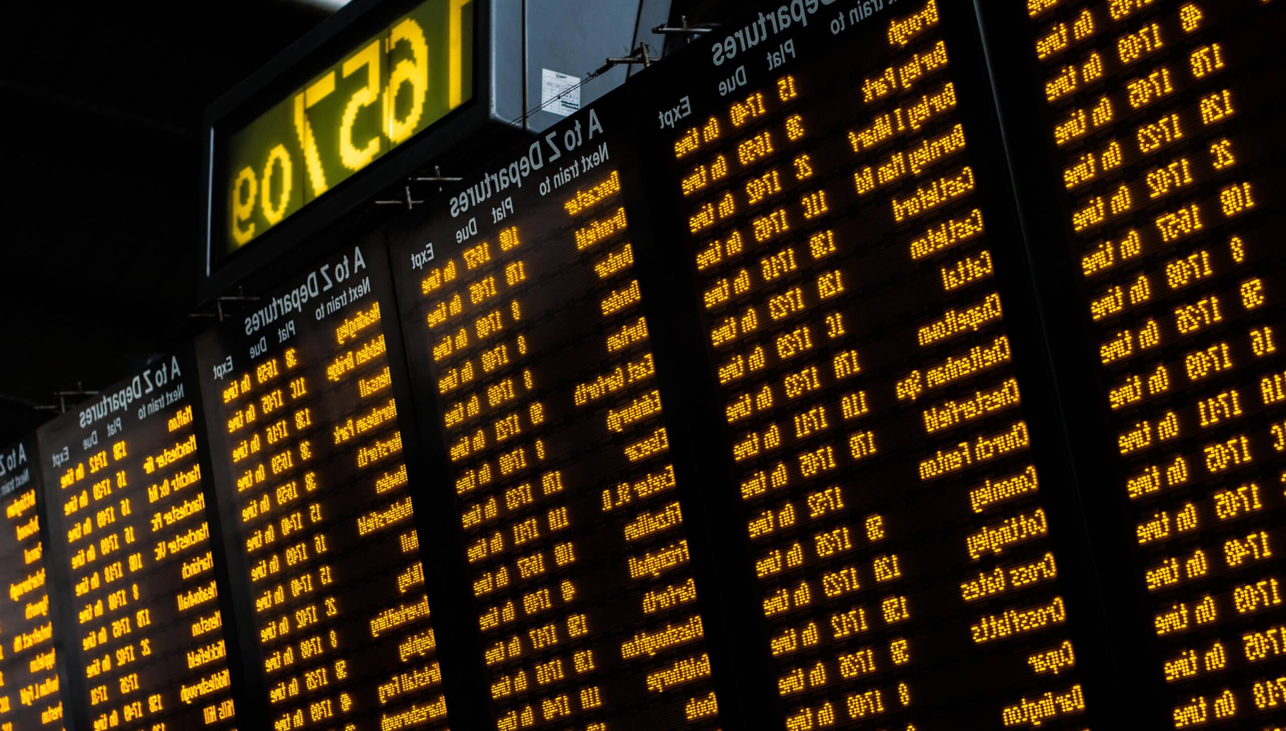 Close up of a electronic UK rail departure board