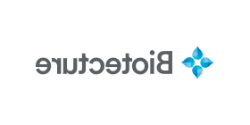 Biotecture公司标志-四个蓝色花瓣向外开放，旁边是“Biotecture”深灰色文字